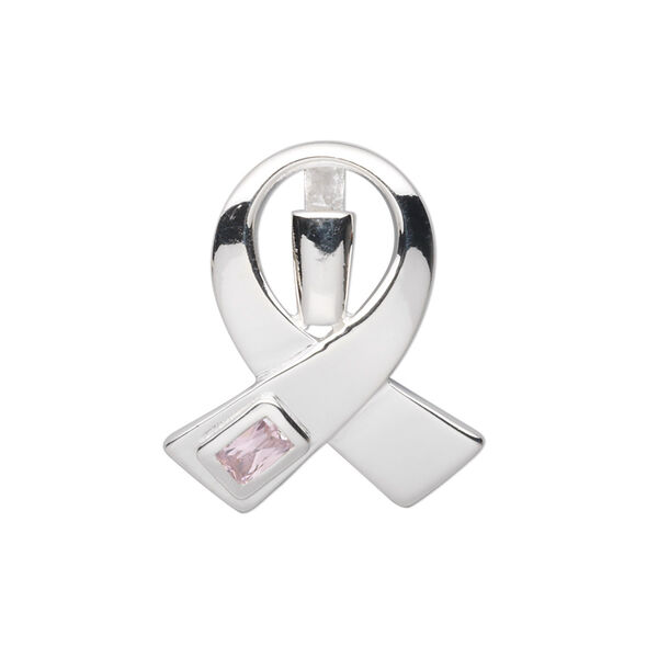 Pendant, sterling silver and cubic zirconia, pink, 25x21mm breast cancer awareness ribbon. Sold individually. image number 0