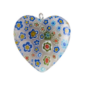 Focal 1pkg1, silver-finished steel / millefiori glass, transparent / translucent purple / multicolored, 29-31mm puffed heart.