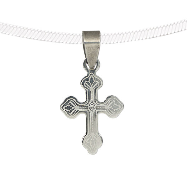 Pendant, stainless steel, 21x16mm single-sided matte and shiny etched cross. Sold individually. image number 0