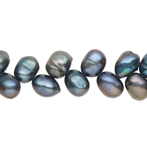 Pearl, cultured freshwater (dyed), iris green, 8x6mm-10x7mm herringbone-drilled flat-sided rice with 0.4-0.6mm hole, C- grade, Mohs hardness 2-1/2 to 4. Sold per 15-inch strand. image number 0