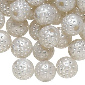 Bead, acrylic, silver, 10mm round with dots. Sold per pkg of 100.