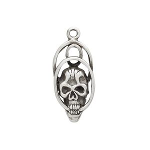 Charm, antiqued pewter (tin-based alloy), 25x13mm skull with double ring. Sold per pkg of 2.