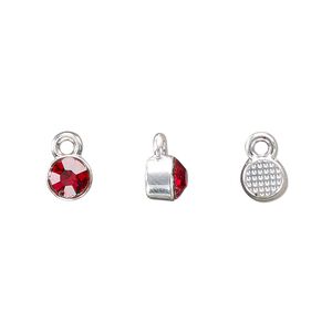 Drop, silver-finished "pewter" (zinc-based alloy) and glass rhinestone, garnet red, 6mm faceted round, January birthstone. Sold per pkg of 10.