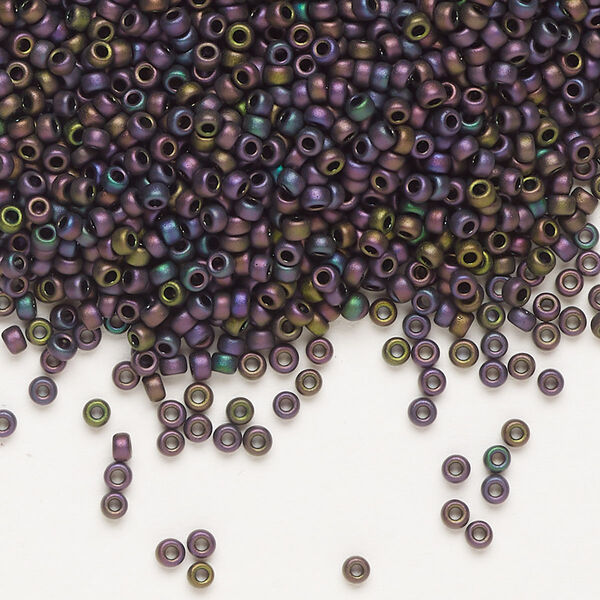 Seed bead, Miyuki, glass, pkg/25g, #11 rocaille, opaque matte metallic iris magenta green (RR-2062). image number 0