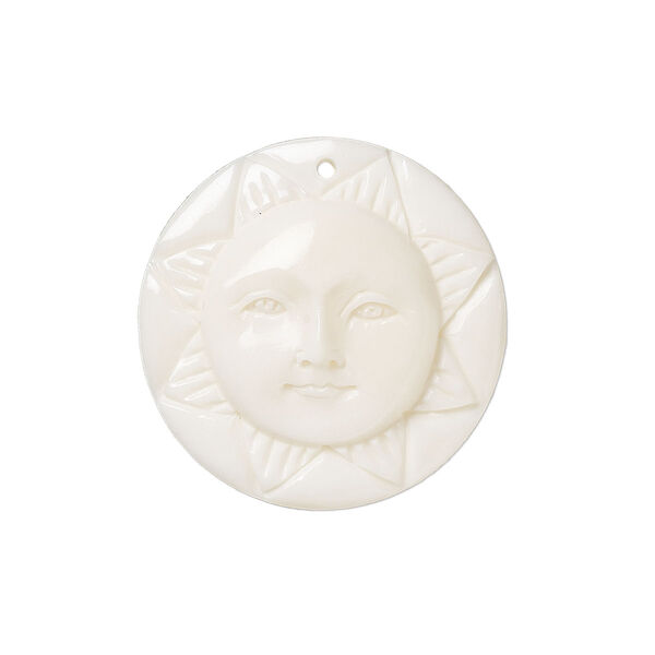 Drop, bone (bleached), 25mm hand-cut single-sided carved sun face. Sold individually. image number 0