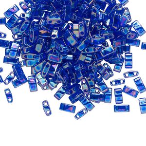 Seed bead, TILA®, glass, pkg/10g, 5x2.3mm half tila rectangle, translucent rainbow dark cobalt, (HTL-177).