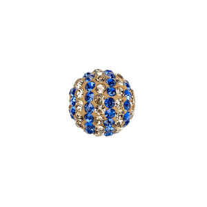 Bead, Egyptian glass rhinestone / epoxy / resin, champagne and cobalt, 14mm round with pav&eacute; striped design. Sold individually.