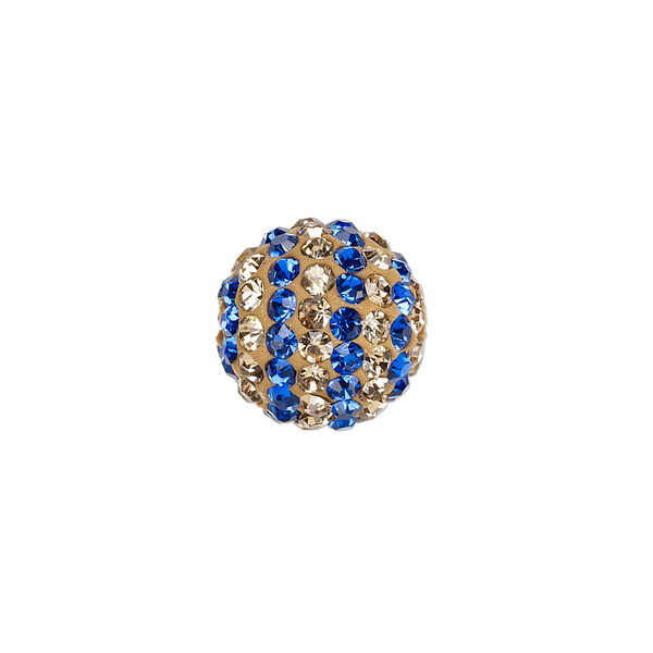 Bead, Egyptian glass rhinestone / epoxy / resin, champagne and cobalt, 14mm round with pav&eacute; striped design. Sold individually. image number 0