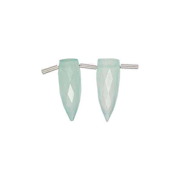 Bead, chalcedony (dyed), aqua blue, 16x6mm hand-cut top-drilled faceted spike, B grade, Mohs hardness 6-1/2 to 7. Sold per pkg of 2 beads. image number 0