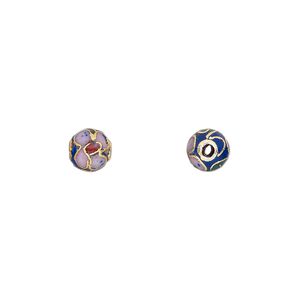Bead, cloisonn&eacute;, enamel and gold-finished copper, multicolored, 6mm round with flower design. Sold per pkg of 10.