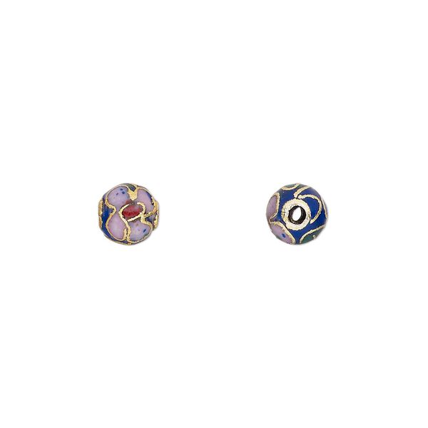 Bead, cloisonn&eacute;, enamel and gold-finished copper, multicolored, 6mm round with flower design. Sold per pkg of 10. image number 0