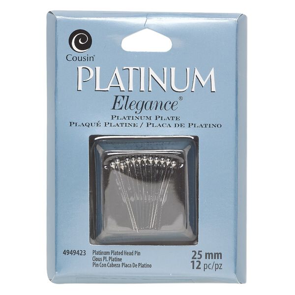 Head pin, platinum-plated copper, 1 inch with ball, 24 gauge. Sold per pkg of 12. image number 0