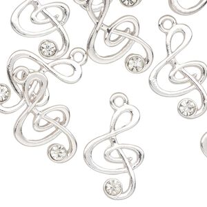 Charm, silver-finished "pewter" (zinc-based alloy) and glass, clear, 20x13mm clef note. Sold per pkg of 12.