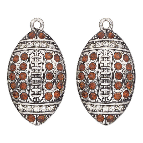 Focal, antique silver-finished "pewter" (zinc-based alloy) and glass, brown, 30x18mm single-sided football. Sold per pkg of 2. image number 0