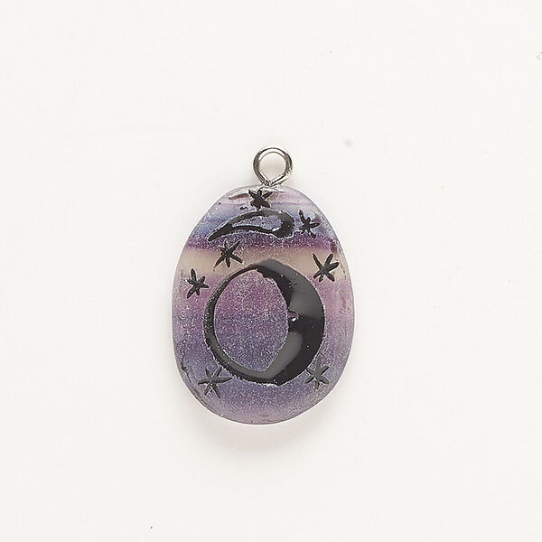 Drop, silver-finished steel and purple fluorite (natural), 33x25mm freeform teardrop with moon / stars / comet. Sold individually. image number 0