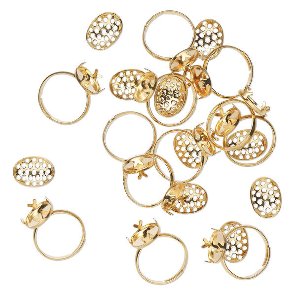 Ring, gold-finished "pewter" (zinc-based alloy), 15x11mm oval, fits 15x11mm oval perforated beading disc, 4 prongs. Sold per pkg of 12. image number 0