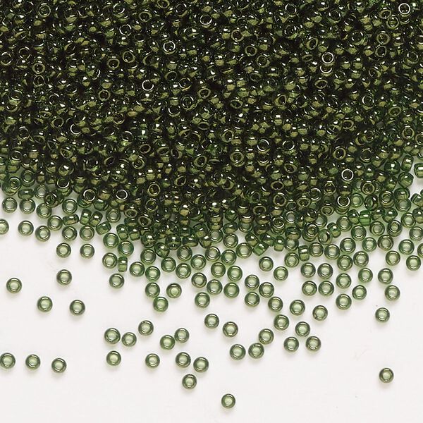 Seed bead, Miyuki, glass, pkg/35g, #15 rocaille, translucent gold luster olive (RR-306). image number 0