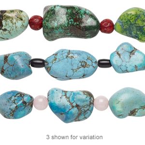 Bead mix, "turquoise" (imitation) resin and multi-gemstone (natural / dyed / heated / assembled) / glass, multicolored, 6x4mm barrel / 6mm round / medium nugget. Sold per pkg of 7.