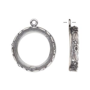 Drop, JBB Findings, antique silver-plated brass, 22mm round with open back and flower and leaf design trim, 20mm round bezel setting. Sold per pkg of 2.
