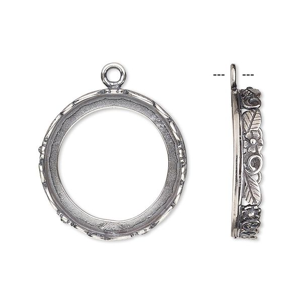 Drop, JBB Findings, antique silver-plated brass, 22mm round with open back and flower and leaf design trim, 20mm round bezel setting. Sold per pkg of 2. image number 0