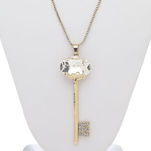 Necklace, glass rhinestone / glass / gold-finished steel / "pewter" (zinc-based alloy), clear, 3-1/4 x 1-inch key, 28 inches with 3-inch extender chain and lobster claw clasp. Sold individually.
