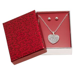 Necklace and earring set, glass rhinestone / silver-finished brass / steel / "pewter" (zinc-based alloy), clear, 22x21mm heart, 15" to 16" necklace with 3-inch extender chain and lobster claw clasp, 6mm round with post. Sold per set.