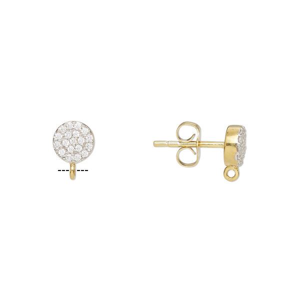Earstud, cubic zirconia and gold-finished sterling silver, clear, 6mm round with closed loop. Sold per pair. image number 0