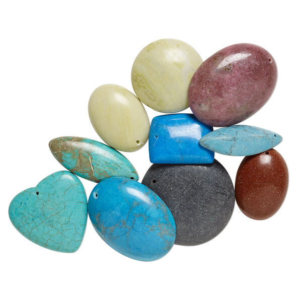 Focal and drop mix, multi-gemstone (natural / dyed / stabilized / manmade / imitation) and glass, mixed colors, 28x13mm-39mm mixed shape. Sold per pkg of 10. image number 0