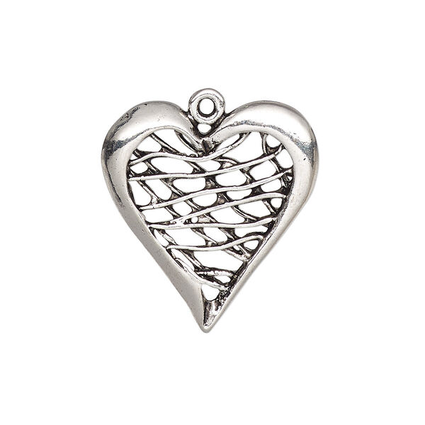Charm, antique silver-plated "pewter" (zinc-based alloy), 26x24mm single-sided heart with lines. Sold per pkg of 4. image number 0