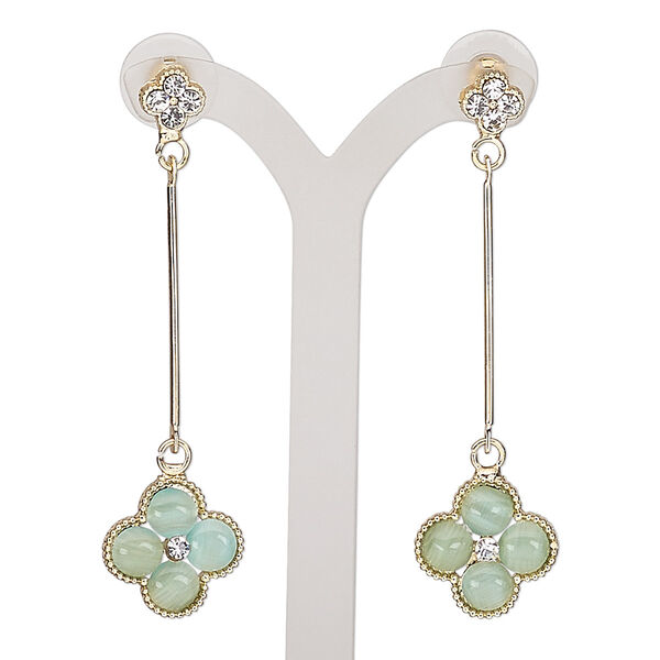 Earring, cat's eye glass / glass rhinestone / stainless steel / gold-finished "pewter" (zinc-based alloy), sea foam green and clear, 2-1/2 inches with flower and post. Sold per pair. image number 0