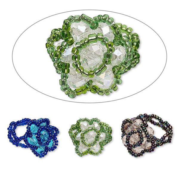 Ring, stretch, glass, clear / iris rainbow / multicolored, 20mm flower, size 8-10. Sold per pkg of 3. image number 0