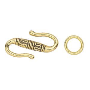 Clasp S-hook 1pkg10 "pewter" (zinc alloy), 22x12mm 2-sided / 9mm 16 gauge soldered jump ring, antique gold-finished 1-strand