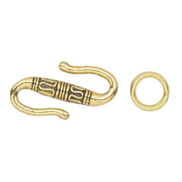 Clasp S-hook 1pkg10 "pewter" (zinc alloy), 22x12mm 2-sided / 9mm 16 gauge soldered jump ring, antique gold-finished 1-strand image number 0