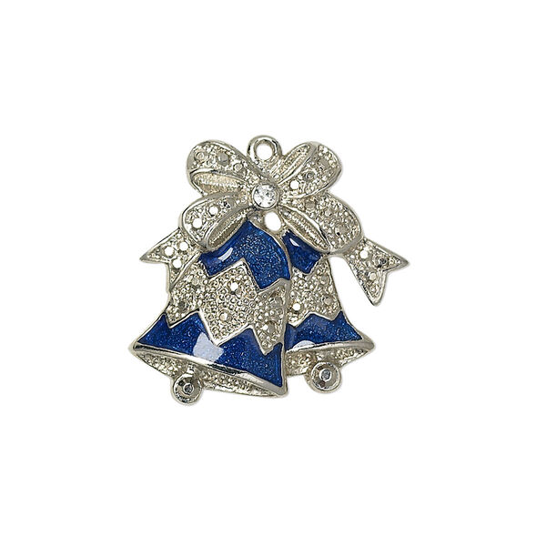 Charm, enamel / crystals / silver-plated "pewter" (zinc-based alloy), blue and crystal clear, 21.5x21.5mm single-sided bells with a bow. Sold individually. image number 0