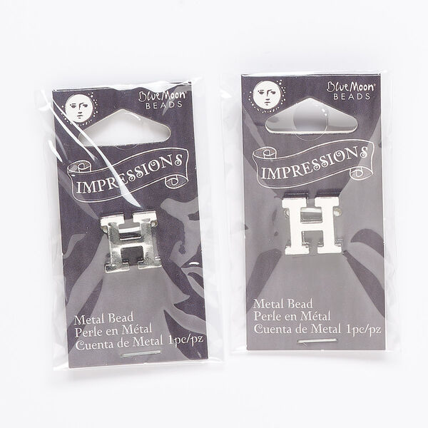 Bead, silver-finished "pewter" (zinc-based alloy), 13x11mm top-drilled alphabet letter "H" with 2mm hole. Sold per pkg of 2. image number 0