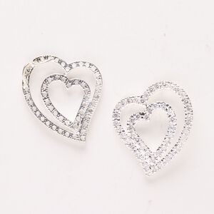 Pendant, silver-finished brass and glass, clear, 34x28mm-35x29mm double heart. Sold per pkg of 2.