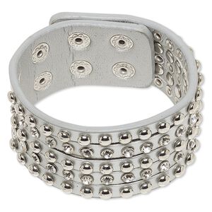 Bracelet, glass rhinestone / imitation leather / imitation rhodium-finished steel, silver and clear, 31mm wide, adjustable from 5-1/2 to 7 inches with double snap closure. Sold individually.
