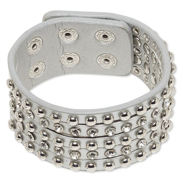 Bracelet, glass rhinestone / imitation leather / imitation rhodium-finished steel, silver and clear, 31mm wide, adjustable from 5-1/2 to 7 inches with double snap closure. Sold individually. image number 0