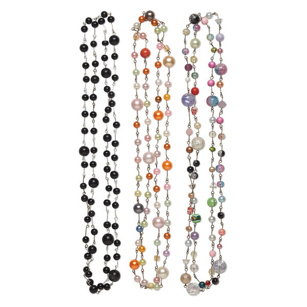 Necklace mix, acrylic / glass / Chinese crystal / silver-finished steel, multicolored, mixed size and shape, 50-inch continuous loop. Sold per pkg of 3. image number 0