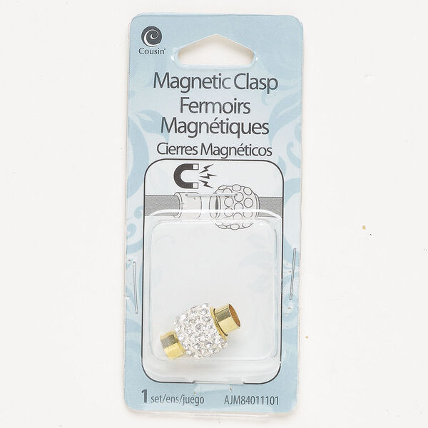 Brass / epoxy / glass rhinestone 1pkg1 magnetic barrel clasp / glue-in ends, gold finished / white / clear 15x13mm image number 0