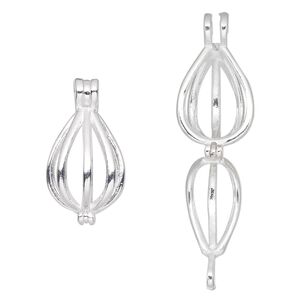 Drop, silver-finished brass, 15x10.5mm teardrop bead cage. Sold individually.