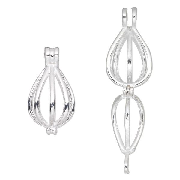 Drop, silver-finished brass, 15x10.5mm teardrop bead cage. Sold individually. image number 0