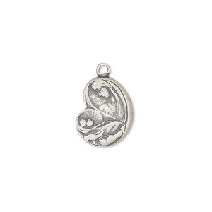 Drop, antiqued sterling silver, 14x12mm Mary and baby Jesus. Sold individually.