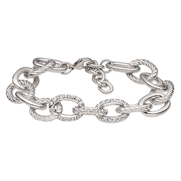 Bracelet, glass rhinestone / imitation rhodium-plated brass / steel / "pewter" (zinc-based alloy), clear, 14mm cable. 6-1/2 inches with 1-1/2 inch extender chain and lobster claw clasp. Sold individually. image number 0