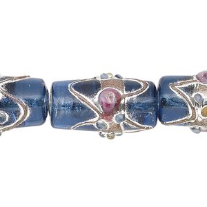 Bead, lampworked glass, transparent blue with silver- and gold-colored foil, 22x11mm round tube. Sold per pkg of 12.