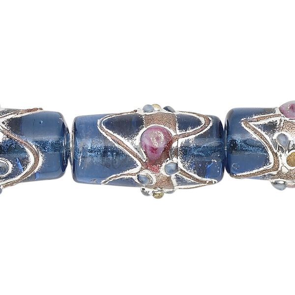 Bead, lampworked glass, transparent blue with silver- and gold-colored foil, 22x11mm round tube. Sold per pkg of 12. image number 0