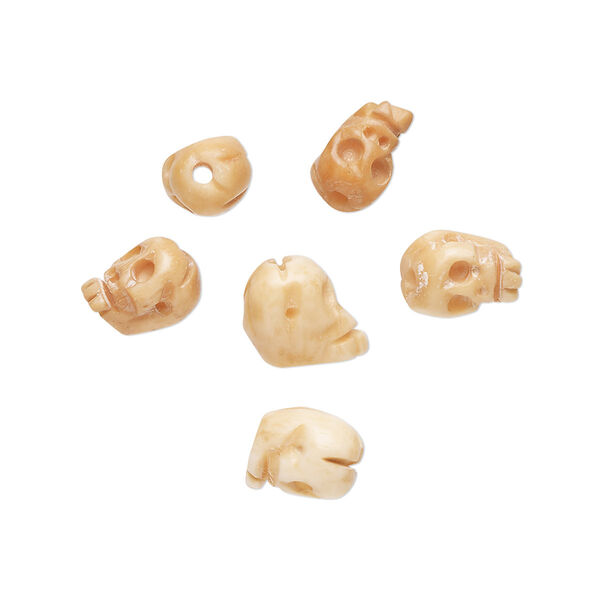 Bead, bone (dyed), antiqued brown, 8x6mm-9x6mm graduated hand-carved single-sided skull, Mohs hardness 2-1/2. Sold per pkg of 6. image number 0