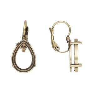 Ear wire leverback 1pkg2 JBB findings antique brass-plated, 24mm / 14x10mm pear 4-prong open back setting, brass 1 pair