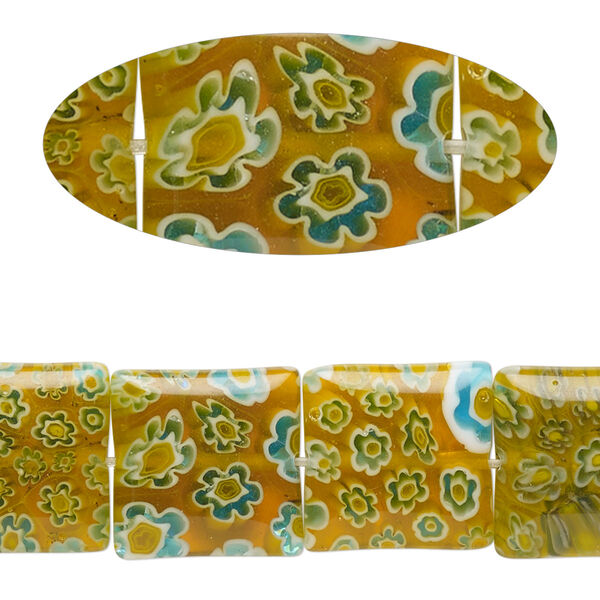 Bead, millefiori glass, translucent yellow / blue / white, 13mm-15x14mm puffed square with flower design. Sold per 14-inch strand. image number 0