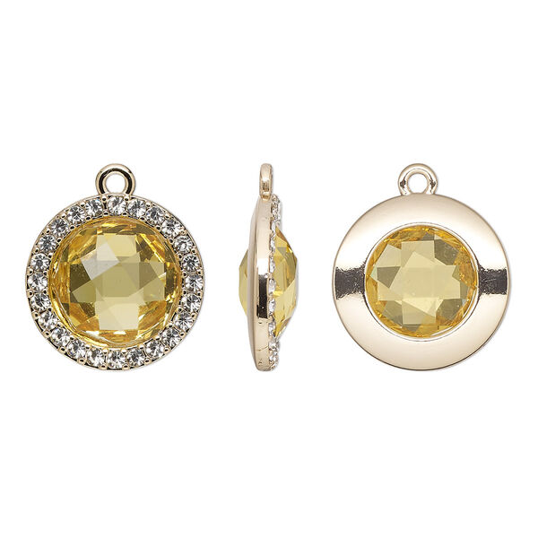 Drop, glass / glass rhinestone / gold-finished "pewter" (zinc-based alloy), clear and transparent citrine yellow, 19mm single-sided round. Sold per pkg of 2. image number 0